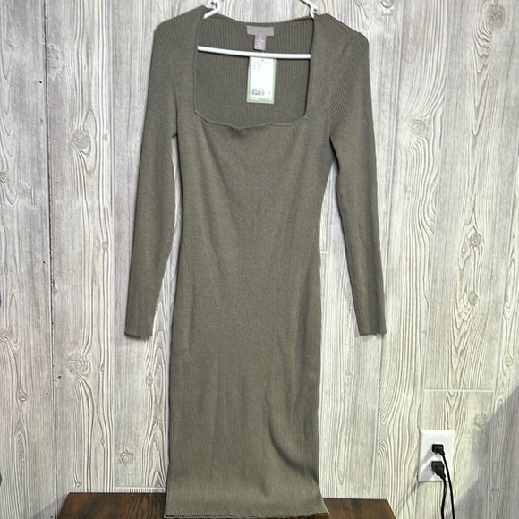 Rib Knit Fitted Long Sleeve Midi Dress L - Green - H&M - Picture 1 of 5